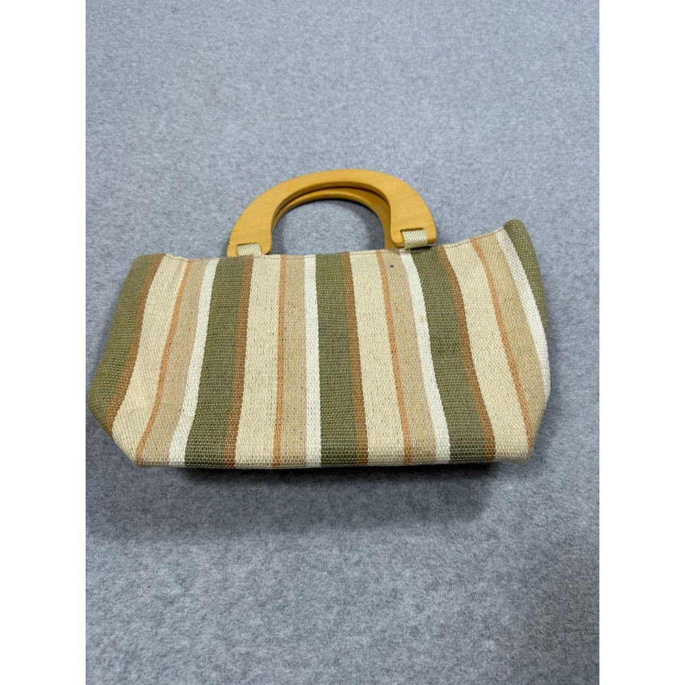 Neiman Marcus Vintage Woven Striped Tote Bag with Wooden Handles Earth Tones